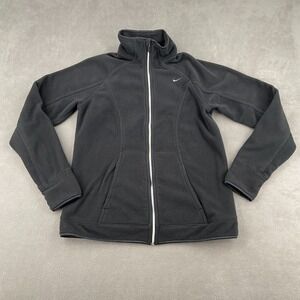 Y2K Nike Fleece Jacket Sz L Black Therma Fit Swoosh Logo Athleisure Full Zip